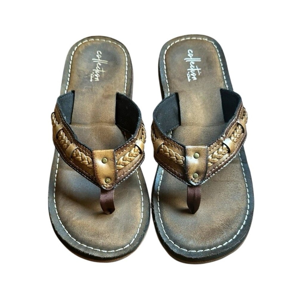 Collection by Clarks Flip-Flop thong sandals brown size 8 braided accent boho